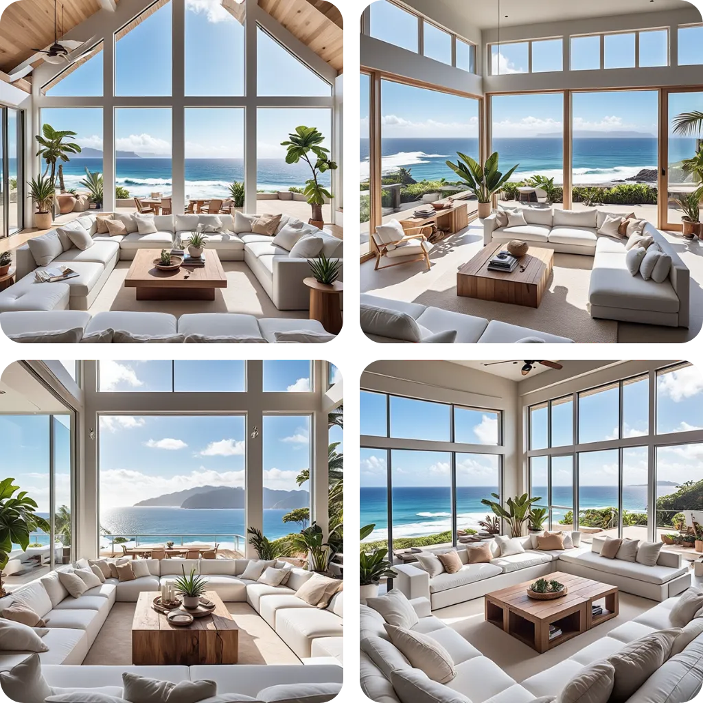 Beach house living room with high ceilings and big windows generated by Gendo AI