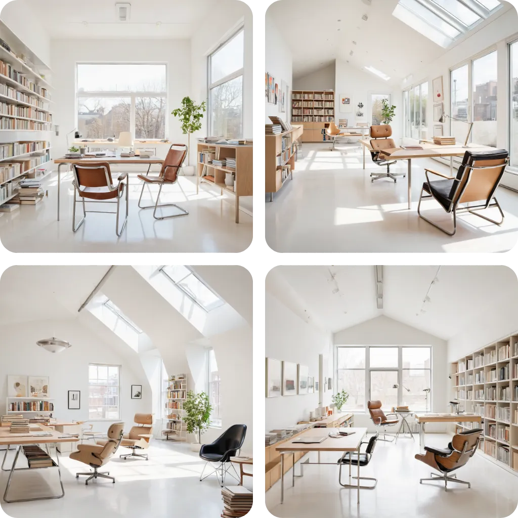 A wide-angle photograph of a bright minimalist modernist studio generated by Gendo AI