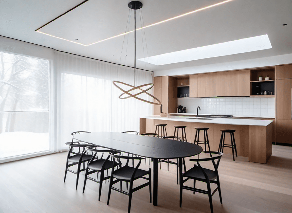 A kitchen with a table and chairs and a window