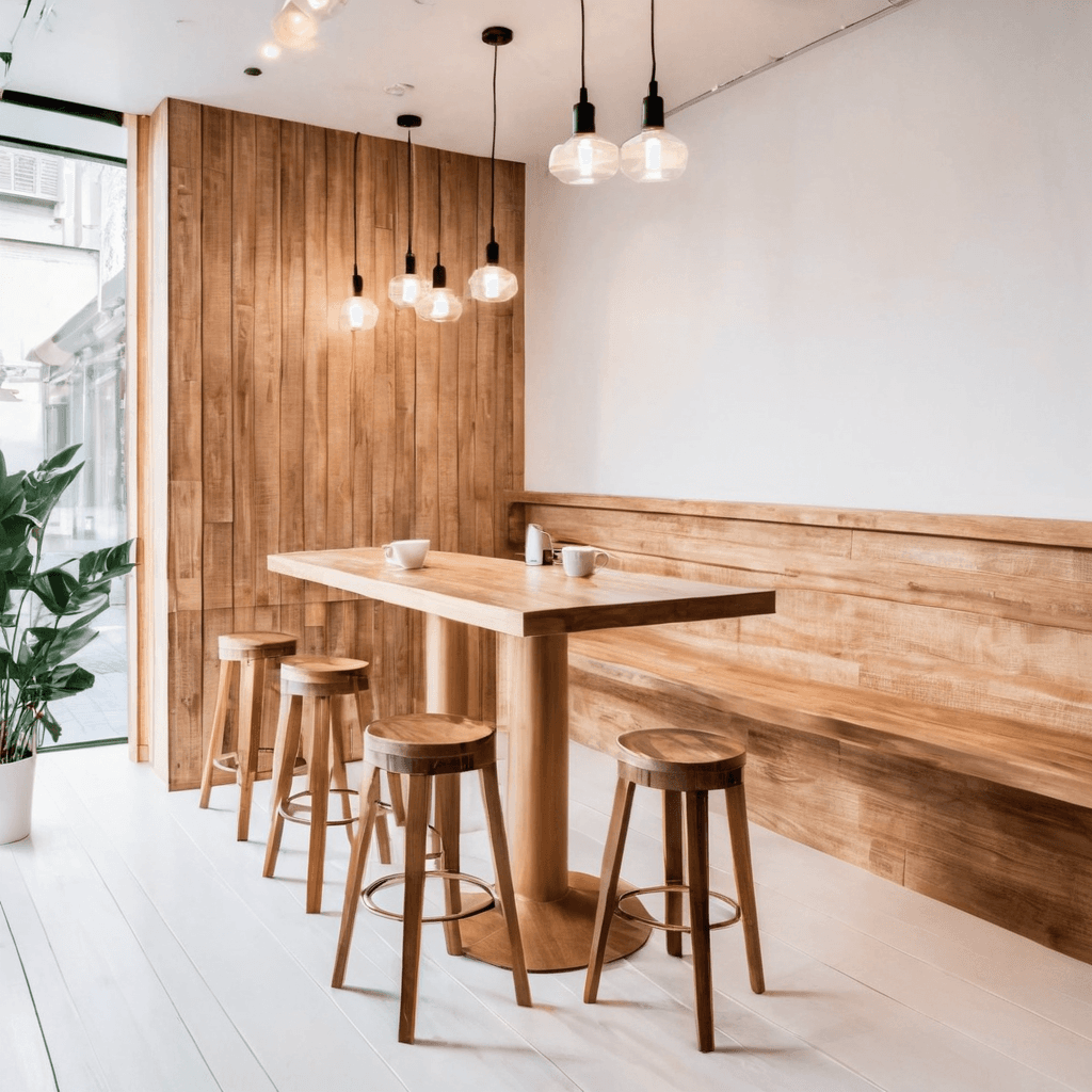Output coffee shop interior with warm lighting
