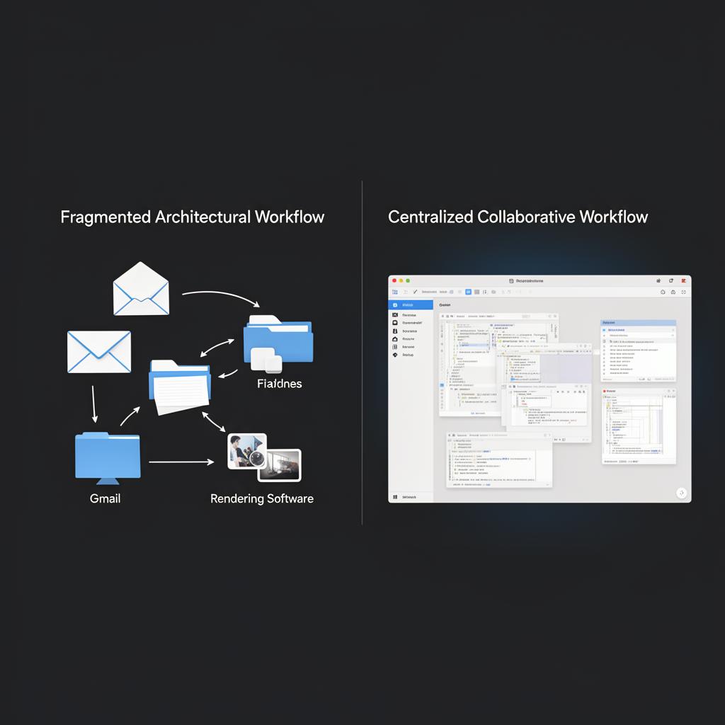Architectural workflow diagram comparing fragmented tools versus a centralised collaborative canvas with AI integration