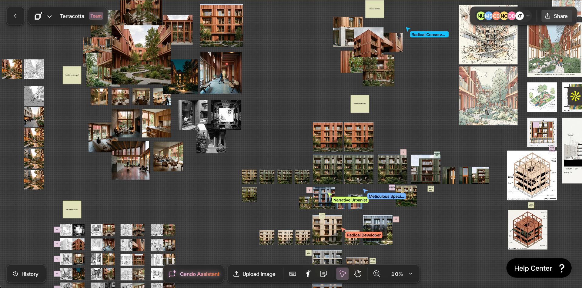 A live Gendo Canvas showing a terracotta residential project with team collaboration, comments, and image variations