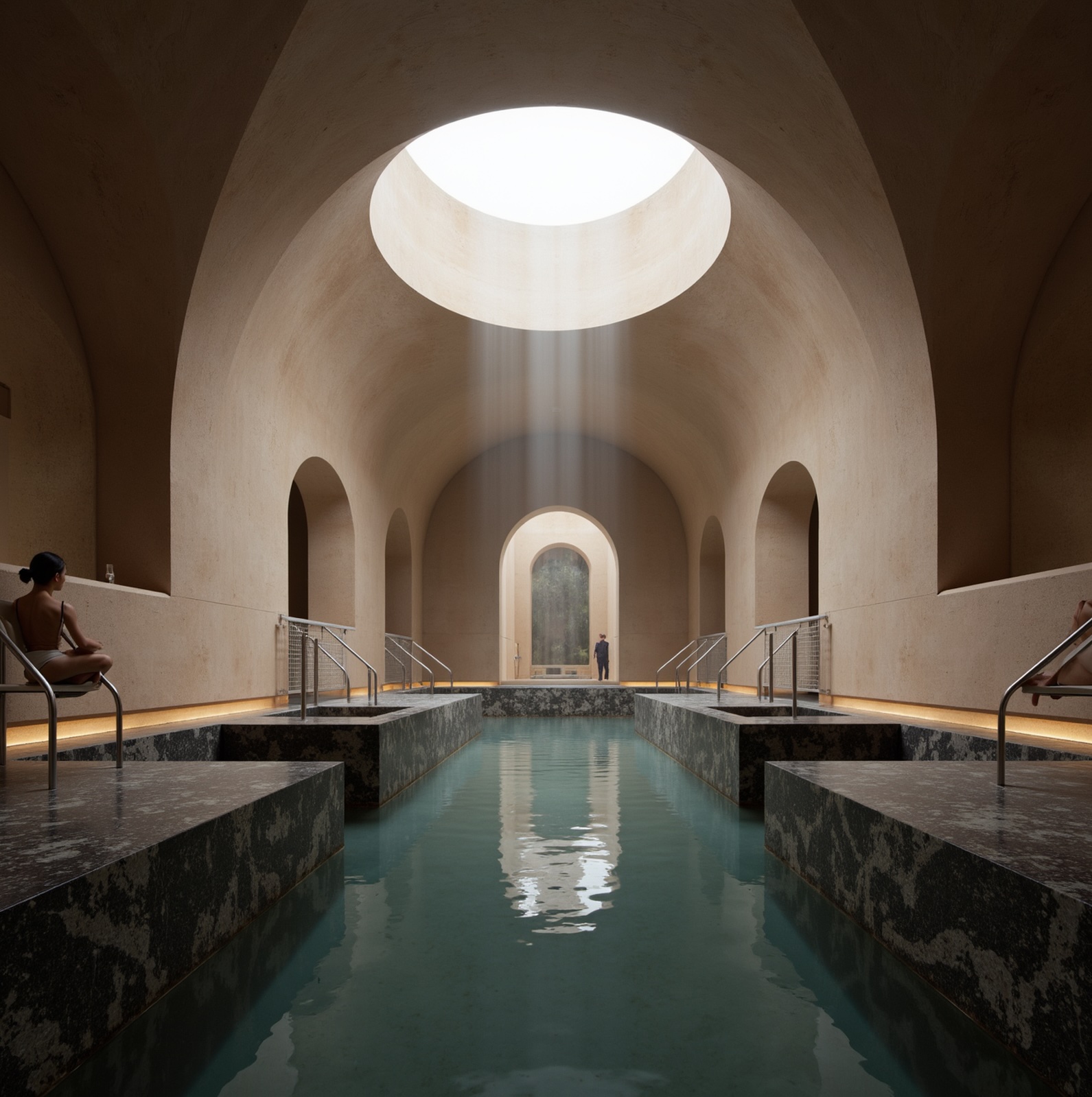 AI-generated vaulted spa interior with stone textures and natural light — free AI interior design by Gendo