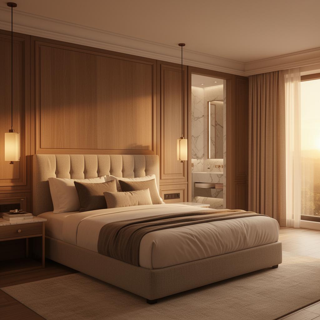 AI-generated luxury boutique hotel room with upholstered headboard and marble bathroom — created with Gendo