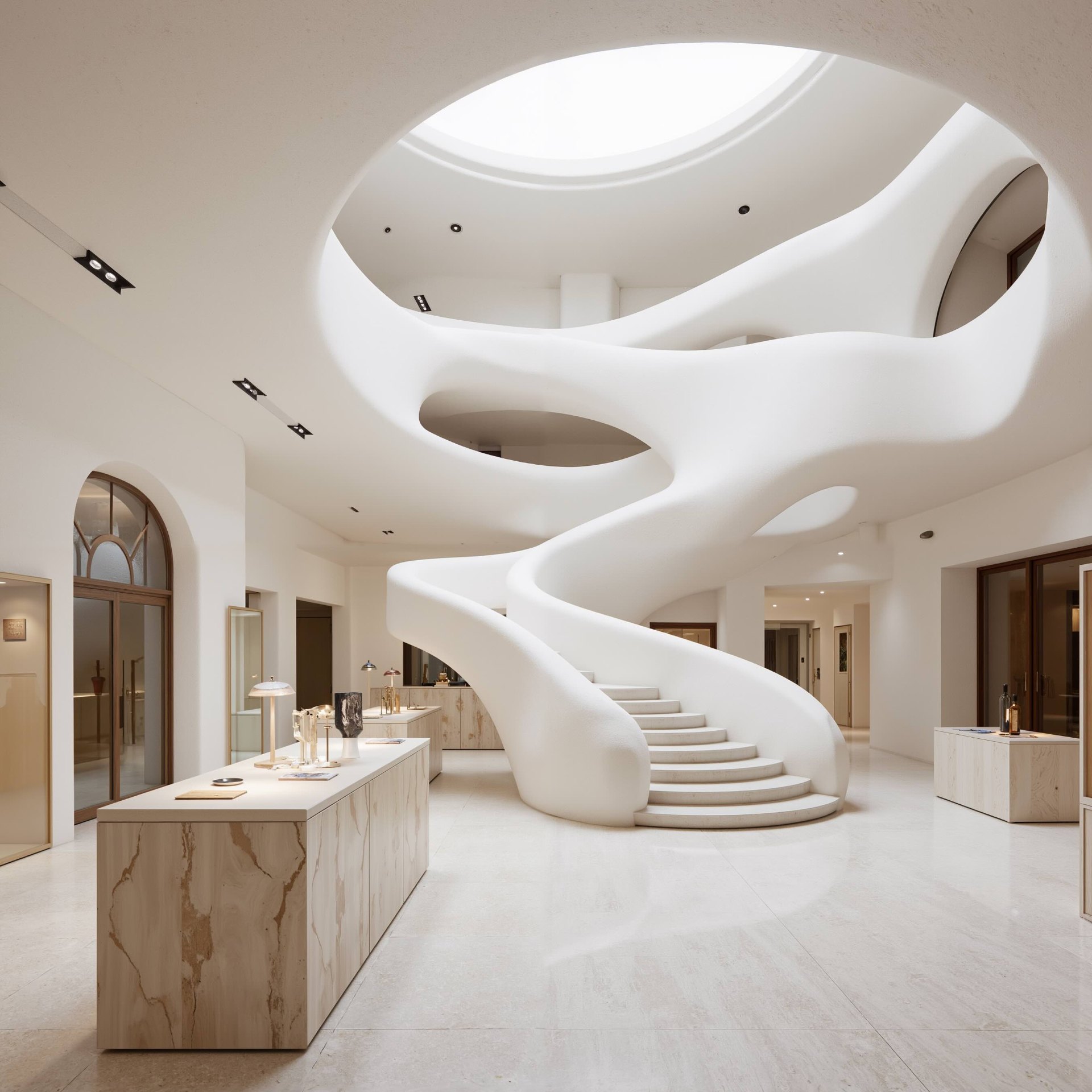 AI-generated sculptural staircase interior with dramatic lighting and curved forms — free AI interior design by Gendo