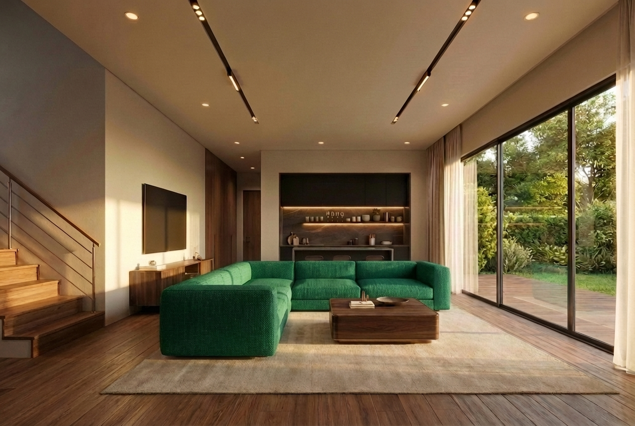 AI-rendered living room with emerald upholstery — material variation B