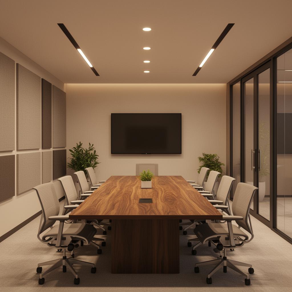 AI-generated corporate meeting room with walnut conference table and acoustic panels — created with Gendo
