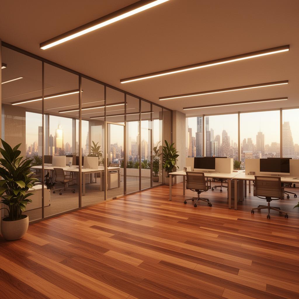 AI-generated contemporary home office with glass desk and city views — free AI interior design by Gendo