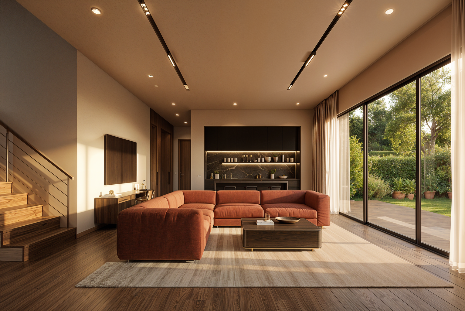 AI-rendered living room with terracotta upholstery — material variation A