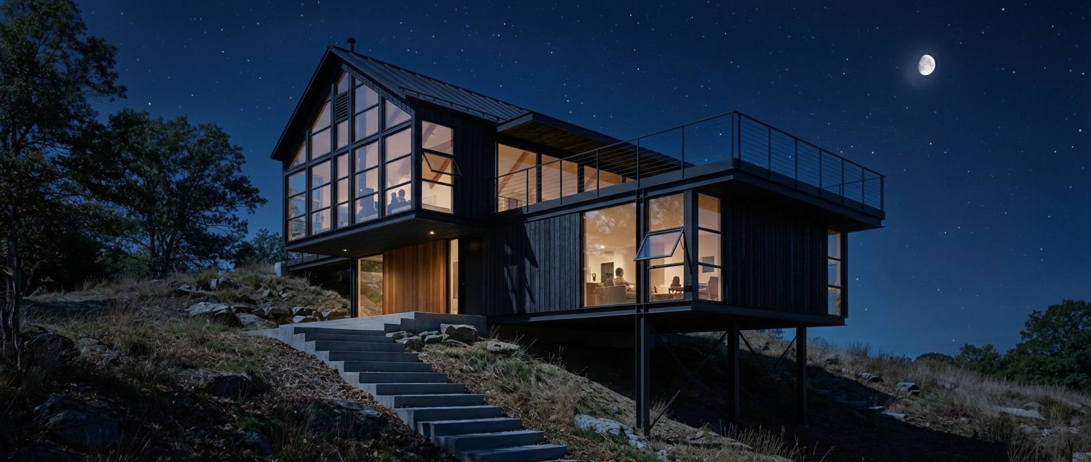 AI-generated nighttime architectural render with atmospheric lighting