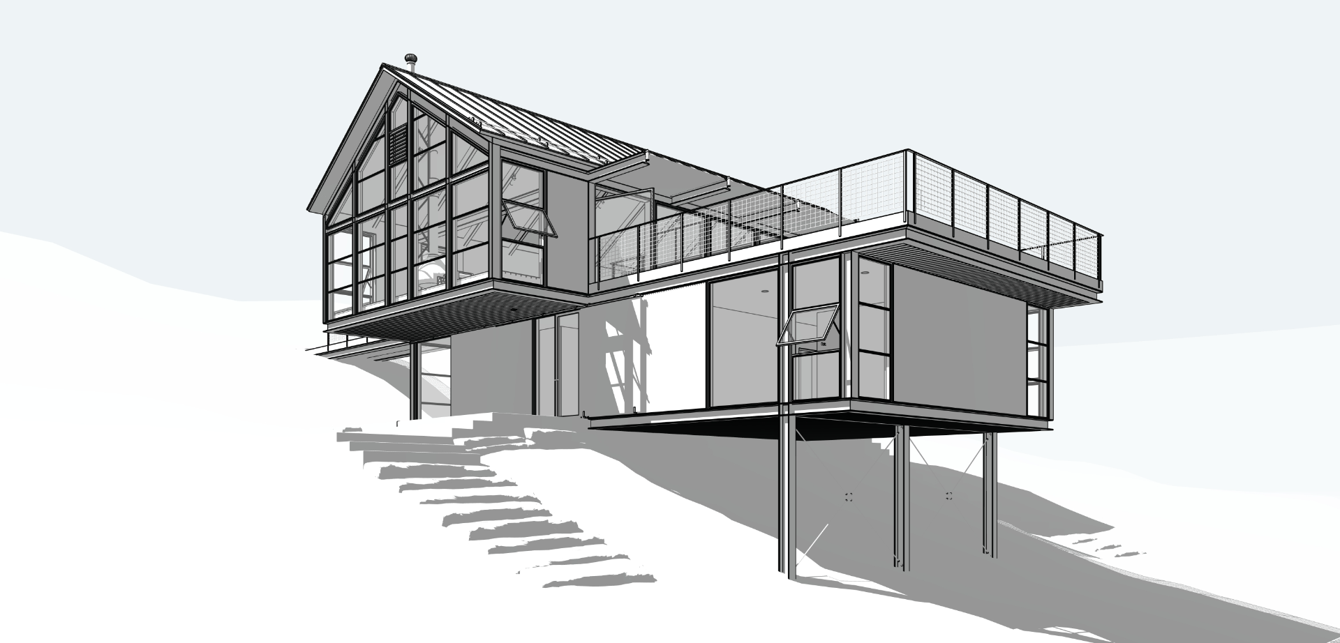 Render this SketchUp export as a photorealistic architectural visualization with warm residential materials, natural daylight, and soft interior styling.